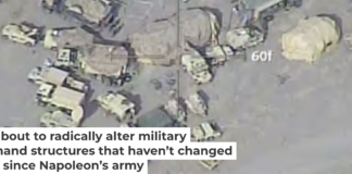 This U.S. Army command post, seen from a drone, is loaded with modern technology but uses a centuries-old structure. Col. Scott Woodward, U.S. Army